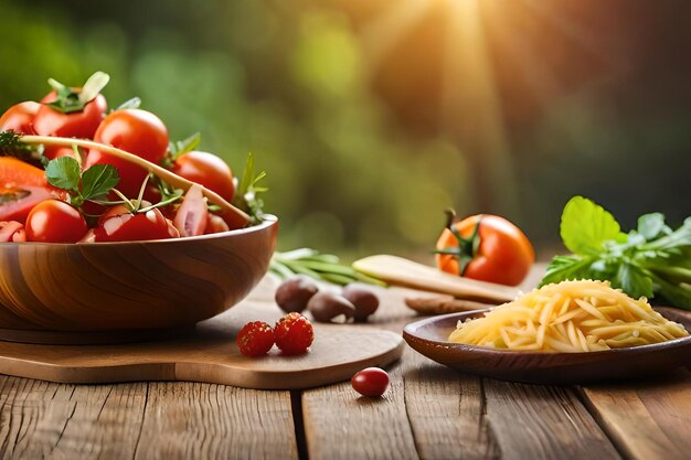 fresh tomatoes and pasta in a wooden bowl on a wooden table