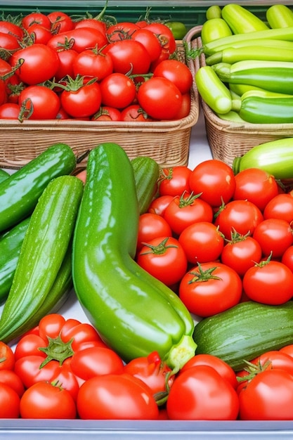 Fresh tomatoes peppers and cucumbers on counter of grocery market vegetarian food trade background