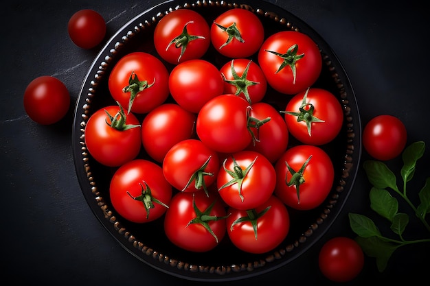 Fresh tomatoes in a plate on dark background