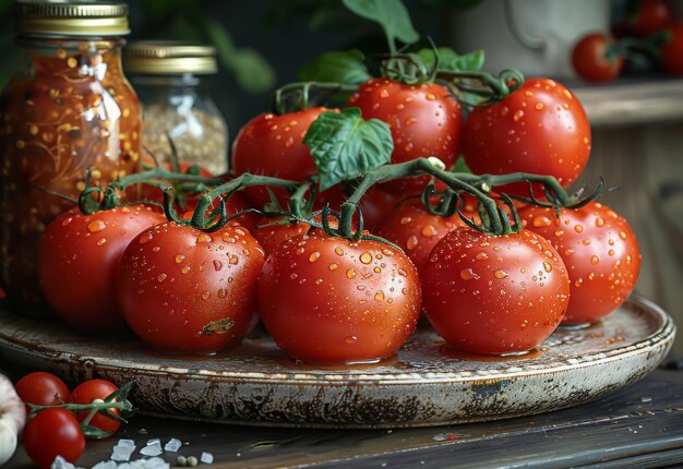 Fresh tomatoes on plate A tomatoes on a plate with sauce and jar