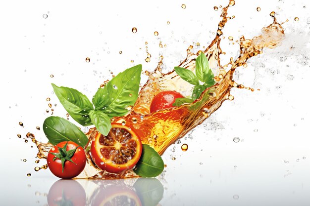 Fresh tomatoes vibrant orange and lively herbs cascading and creating an energetic splash in water