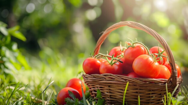 Fresh Tomatoes in a Wicker Basket Outdoors