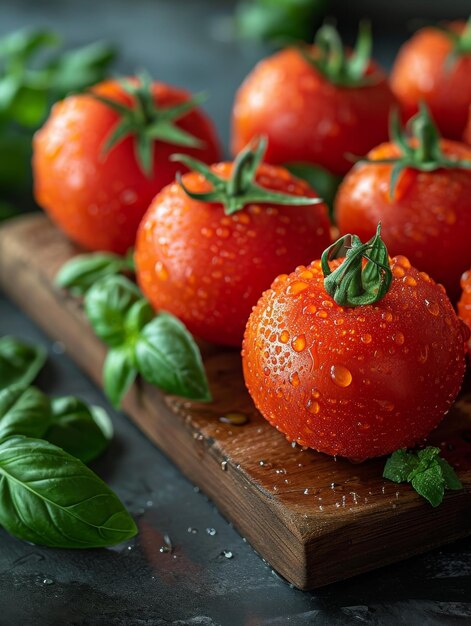 Fresh tomatoes with basil leaves on wooden cutting board