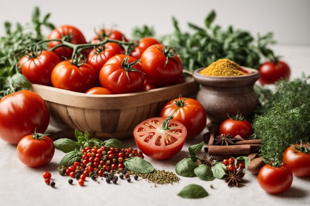 Fresh tomatoes with herbs and spices on white background