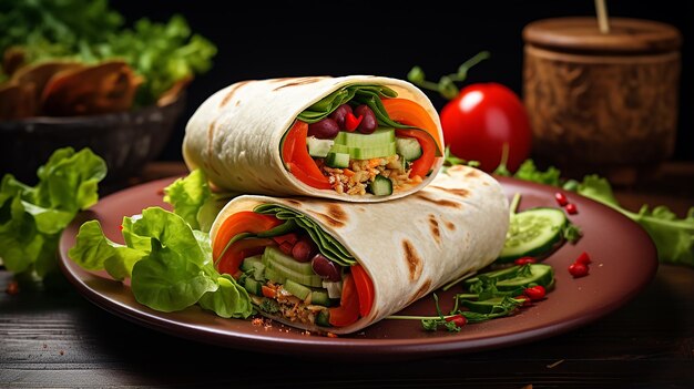 Fresh tortilla wraps with vegetables on plate