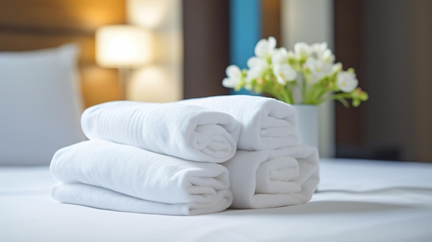 Fresh towels on bed in hotel room