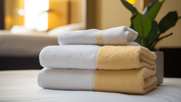 Fresh towels on bed in hotel room