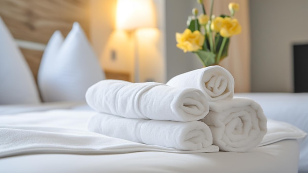 Fresh towels on bed in hotel room