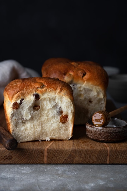 Fresh traditional french brioche bread with raisins