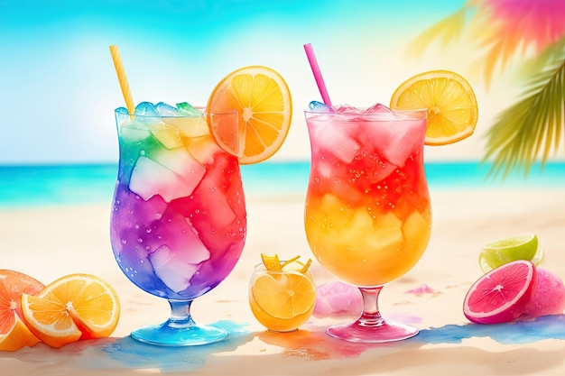 Fresh tropical cocktails on beautiful sunny beach watercolor ai generative