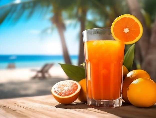 Fresh tropical fruits juice on sea and beach background
