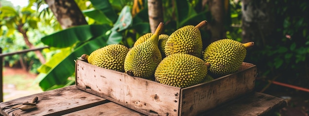 Photo fresh tropical jackfruit in a box on a wooden table