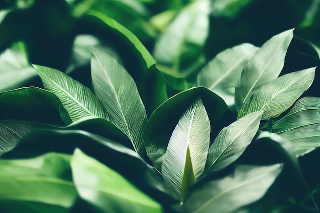 Fresh tropical plant leaves growing in rainforest closeup