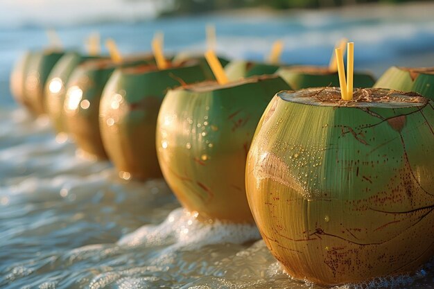 Fresh tropical young green coconut in the beach professional photography