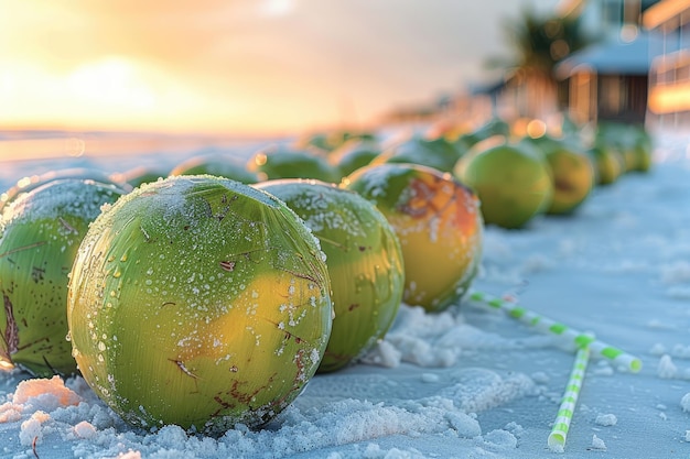 Fresh tropical young green coconut in the beach professional photography