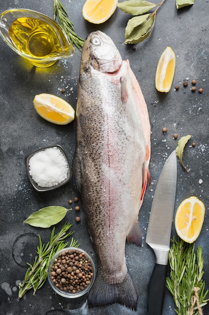 Fresh trout with herbs, spices on grey 