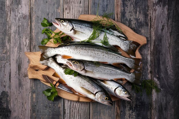 Fresh trouts on wooden background