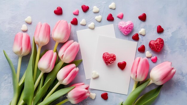 Fresh tulips and blank cards with candy hearts