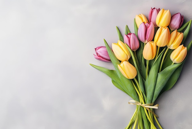 Fresh tulips bouquet in minimal style on light background