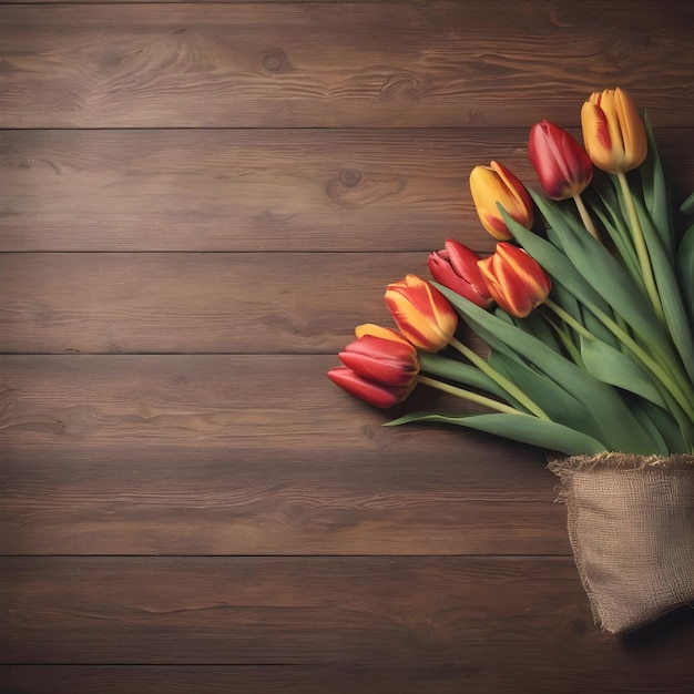 Fresh tulips on the brown wooden textured backdrop