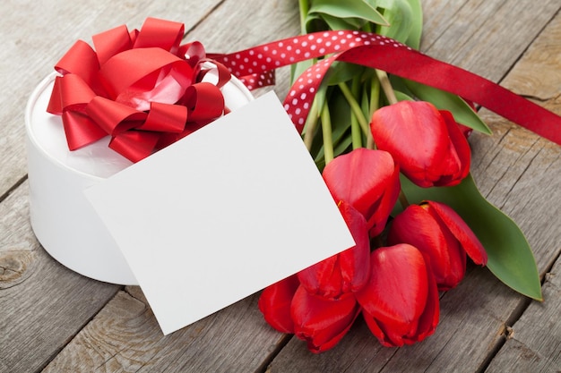 Fresh tulips gift box and greeting card