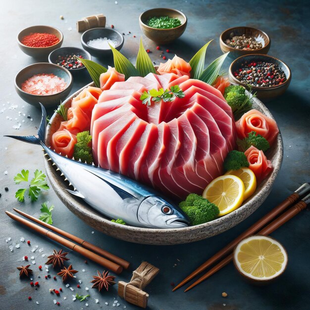 Fresh tuna fish fillet steaks garnished with parsley isolated on a wooden bowl