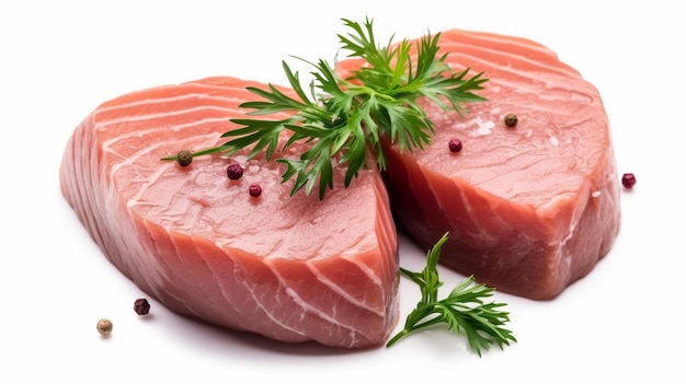 Fresh tuna fish fillet steaks garnished with parsley