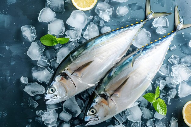 Photo fresh tuna on ice with lemon and herbsinternational tuna day template photo for advertising