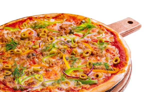 Fresh tuna pizza on a wooden board isolated