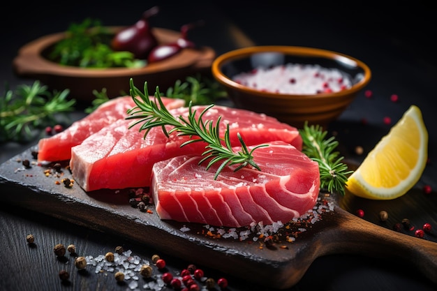 Fresh tuna with lemon and rosemary and salt and spices on a cutting board