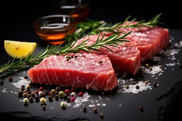 Fresh tuna with lemon and rosemary and salt and spices on a cutting board