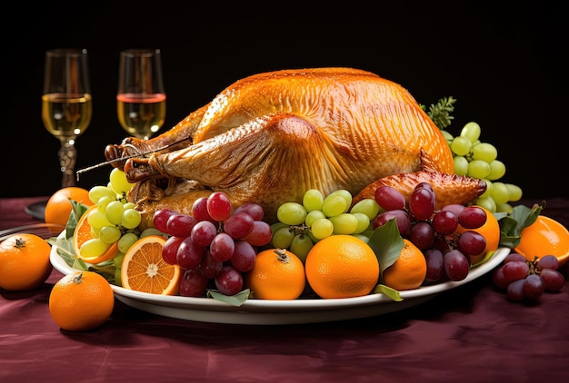 fresh turkey on top of a plate with grapes and oranges in the style of crisp lines