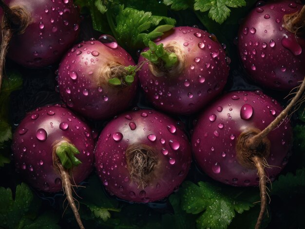 Fresh turnip with water drops Close up Full frame background top view