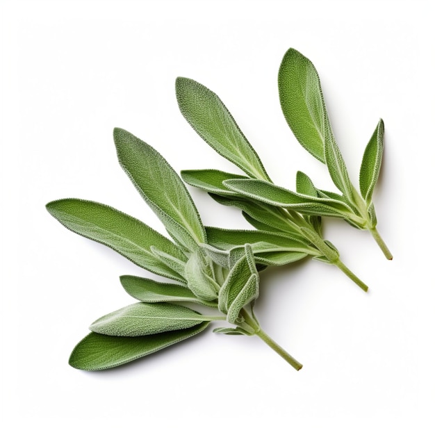 Fresh twig of sage with several leaves herb medical plant on white background