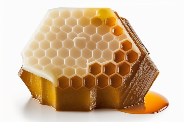 Fresh two honeycomb slices in honey puddle with mint leaves Honey dripping from a honey spoon