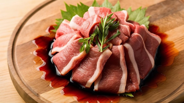 Fresh uncooked meat on wooden board with soy sauce