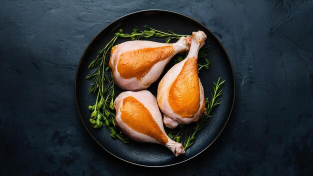 Fresh unprepared chicken legs on dark plate high quality photo