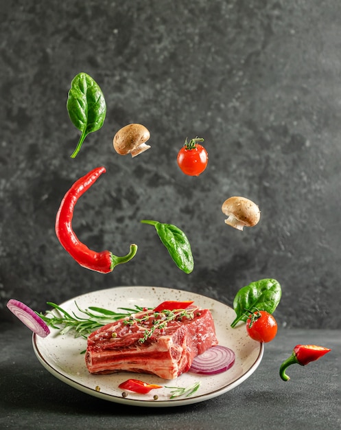 Fresh veal bone steak on plate with flying ingredients for cooking on dark background