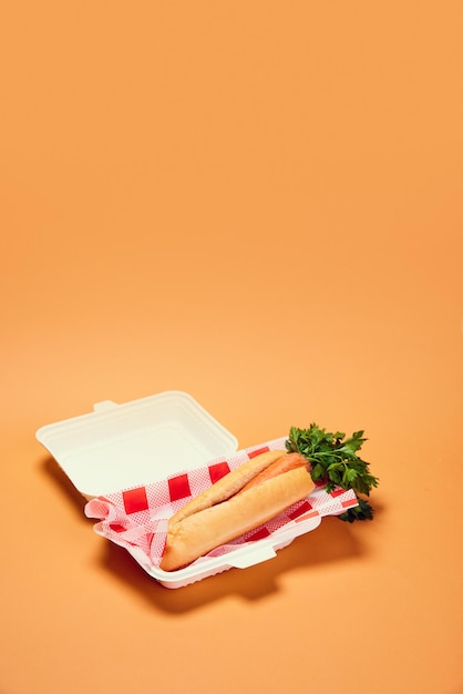 Fresh vegetable carrot inside bun instead of sausages against orange background healthy hot dog