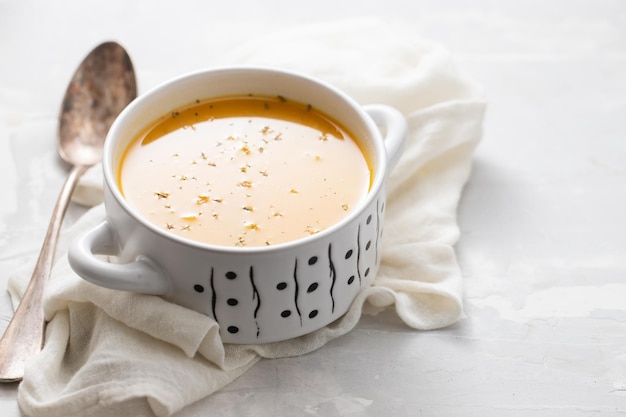 Fresh vegetable cream soup in the bowl