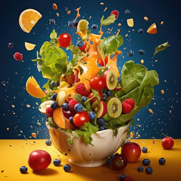 Fresh vegetable and fruit salad in the bowl explosion and splash Generative AI