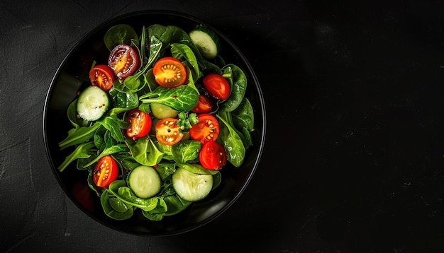 Свежий овощный салат в черной чаше концепция здорового питания
