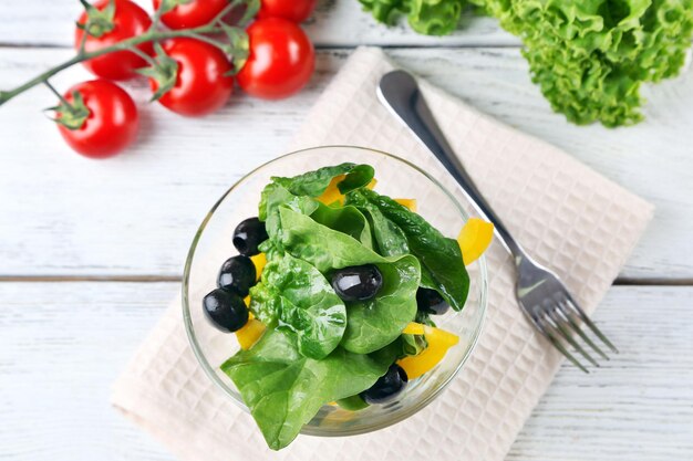 Fresh vegetable salad in bowl on table close up