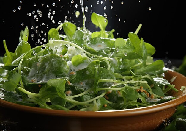 Fresh vegetable salad and food with water splash float on dish with dark studio background AI Generative