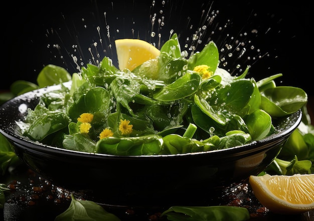 暗いスタジオの背景を持つ皿に新鮮な野菜のサラダと水しぶきが浮かぶ食品 AI 生成