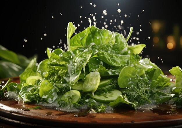 Photo fresh vegetable salad and food with water splash float on dish with dark studio background ai generative