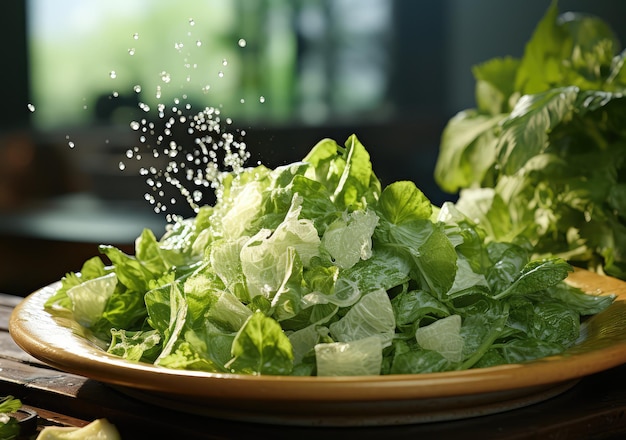 暗いスタジオの背景を持つ皿に新鮮な野菜のサラダと水しぶきが浮かぶ食品 AI 生成