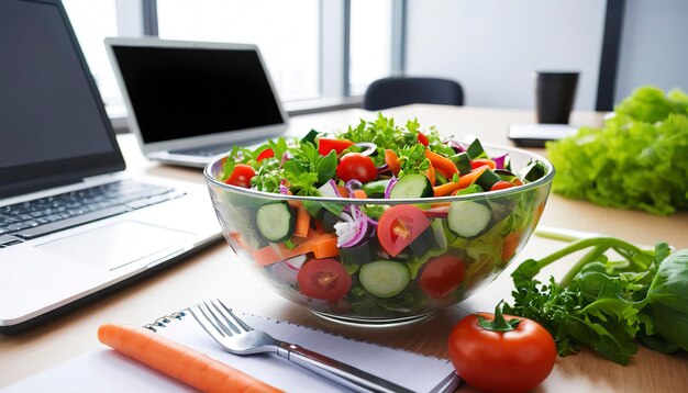 写真 オフィスデスクの鉢に新鮮な野菜サラダ