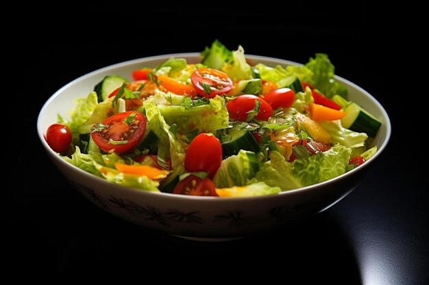 Свежий овощный салат на тарелке на черном фоне