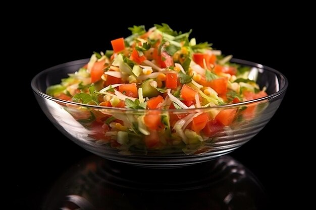 Fresh vegetable salad in a plate on a black background